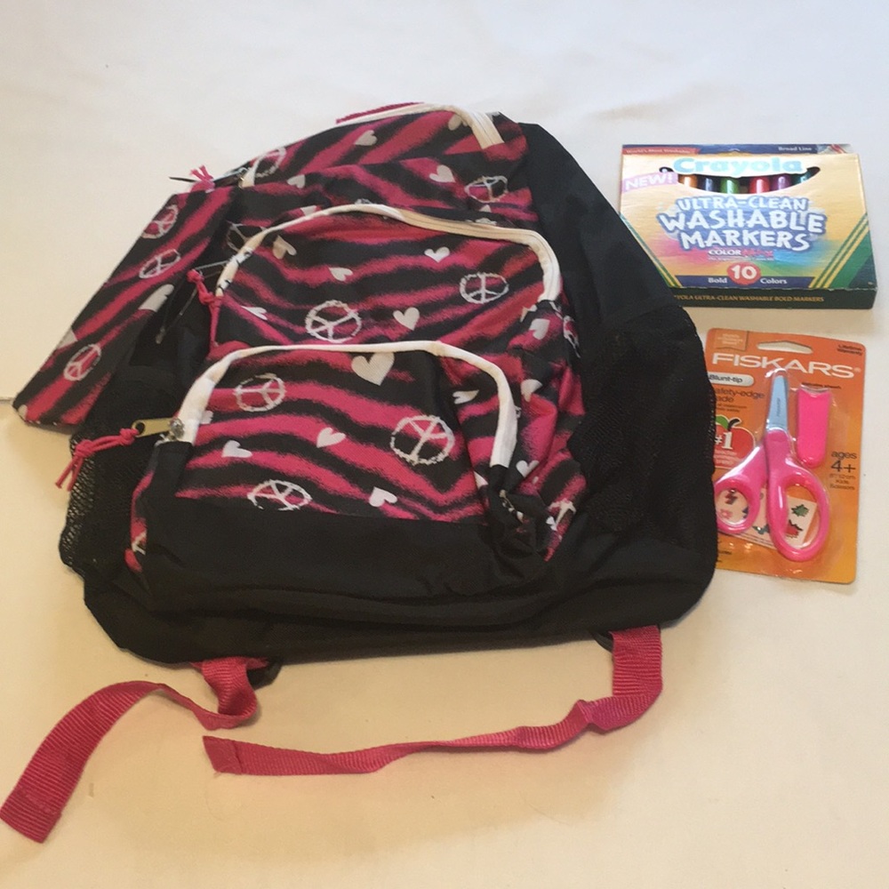 Backpack NEW 10 Pc Back to School Pink Hearts Peace signs markers scissors, More